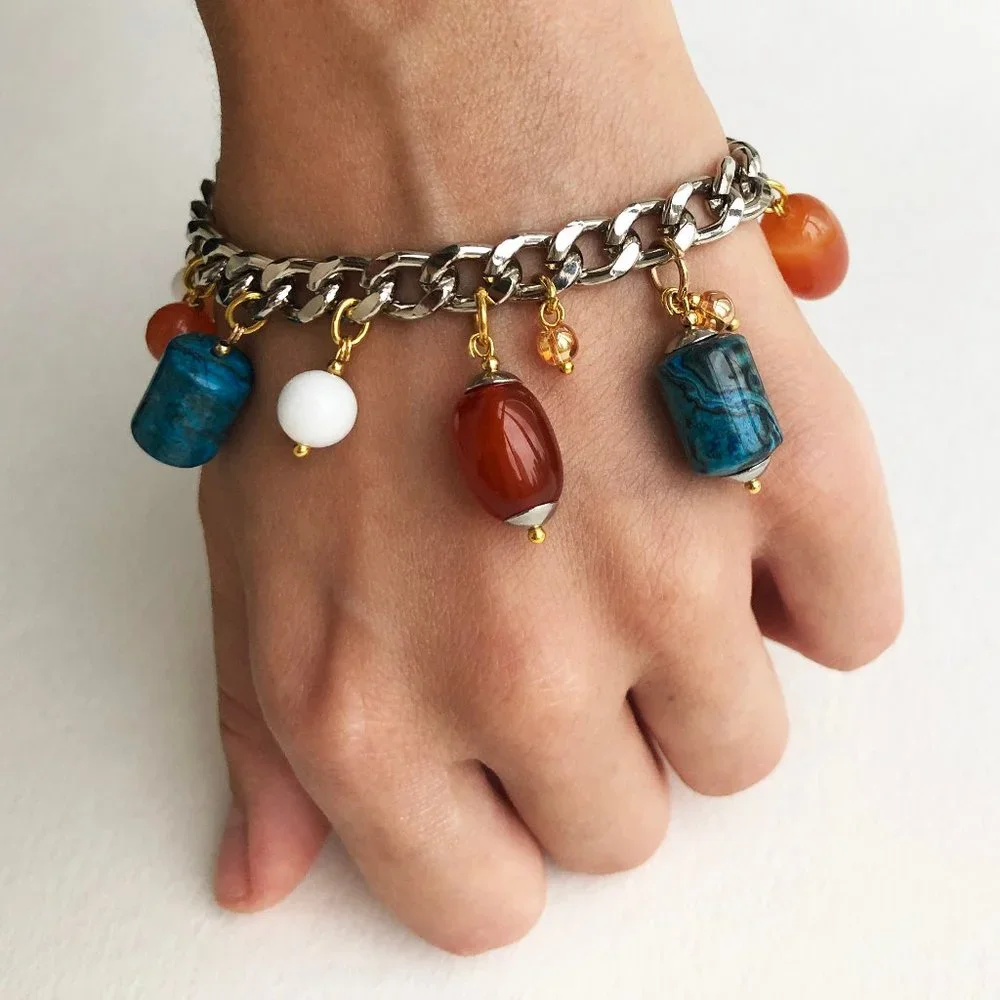 Chunky charm bracelet, curb chain bracelet silver
